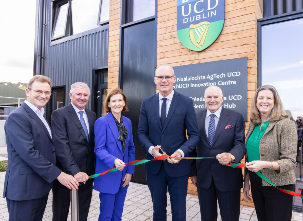 Pictured (l-r) at UCD Lyons Farm at the official opening of the AgTechUCD Innovation Centre and the UCD Bimeda Herd Health Hub are; Tom Flanagan, UCD Director of Enterprise and Commercialisation; Donal Tierney, Chairman, Bimeda Group; Professor Helen Roche, interim UCD Vice-President for Research, Innovation and Impact; Simon Coveney TD, Minister for Enterprise, Trade and Employment; Dan Tierney, Founder, Bimeda Group and Carol Gibbons, Manager, Regions and Local Enterprise, Enterprise Ireland.